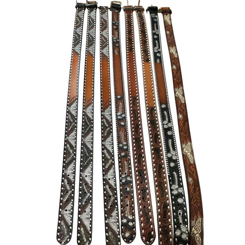 Lot of 8‎ Vintage Western Tooled Leather Belts Eagle Floral Laced Edge Brown Tan